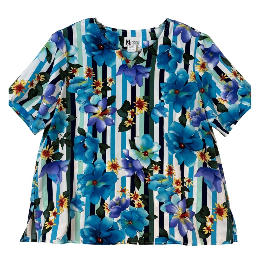 Maggie Sweet Womens 1X Floral Striped Short Sleeve Blouse Blue Teal Coastal Mod